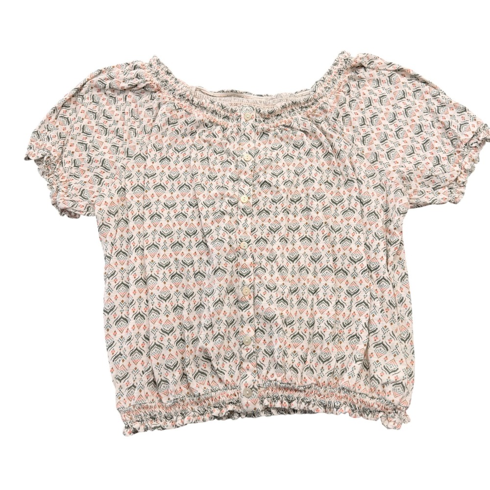 Lucky Brand Womens Geometric Diamond Print Button Front Smocked Hem Top Size M